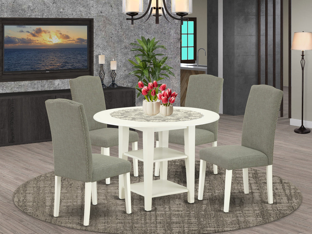 SUEN5-UPM-W1 Set Dropleaf Table with Shelves & 4 Shitake Chairs, 42x42 White