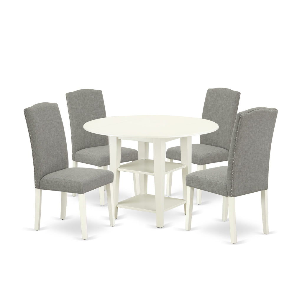 SUEN5-UPM-W1 Set Dropleaf Table with Shelves & 4 Shitake Chairs, 42x42 White