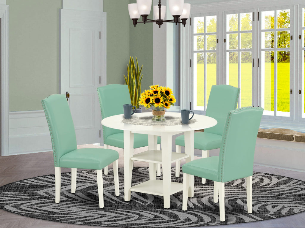 SUEN5-UKN-RO Dining Ensemble 5-Piece Round Table Set with Dropleaf Design & Faux Leather Seating, 42 Linen Finish