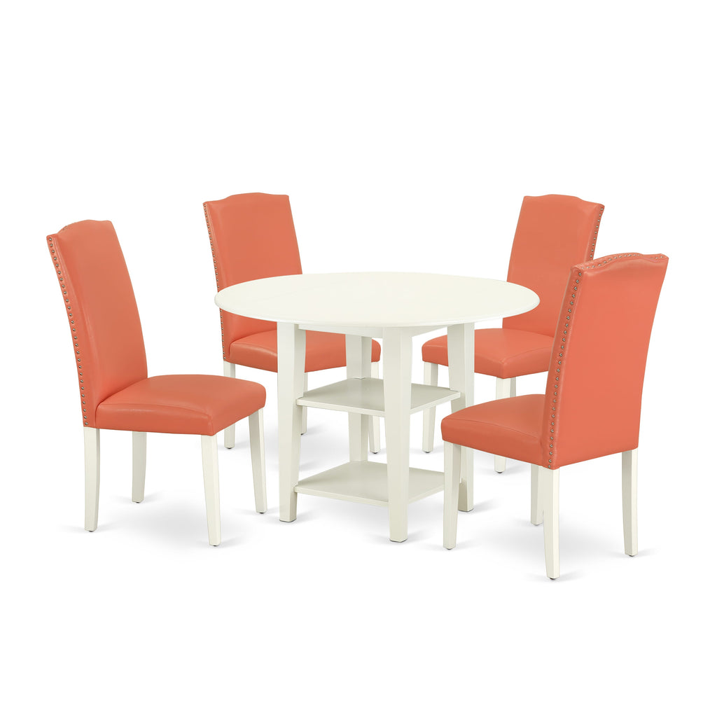 Refresh Your Dining Space with SUEN5-NV3-9L Versatile 5-Piece Set Featuring Stylish Round Table and Pink Faux Leather Chairs