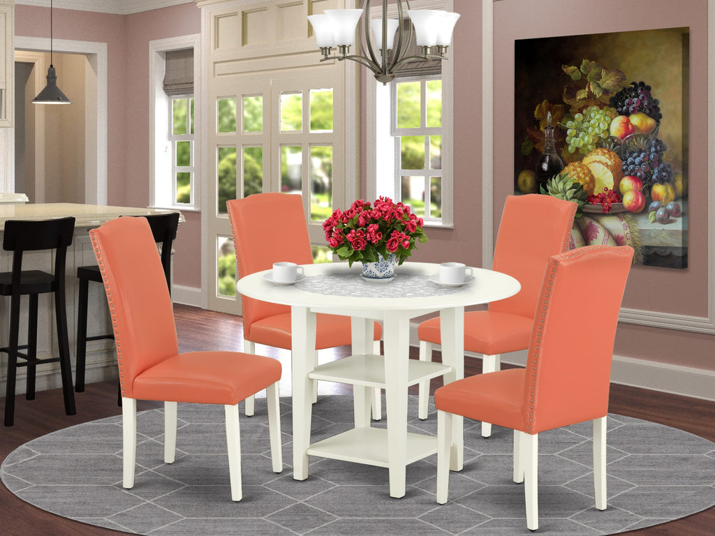 Refresh Your Dining Space with SUEN5-NV3-9L Versatile 5-Piece Set Featuring Stylish Round Table and Pink Faux Leather Chairs