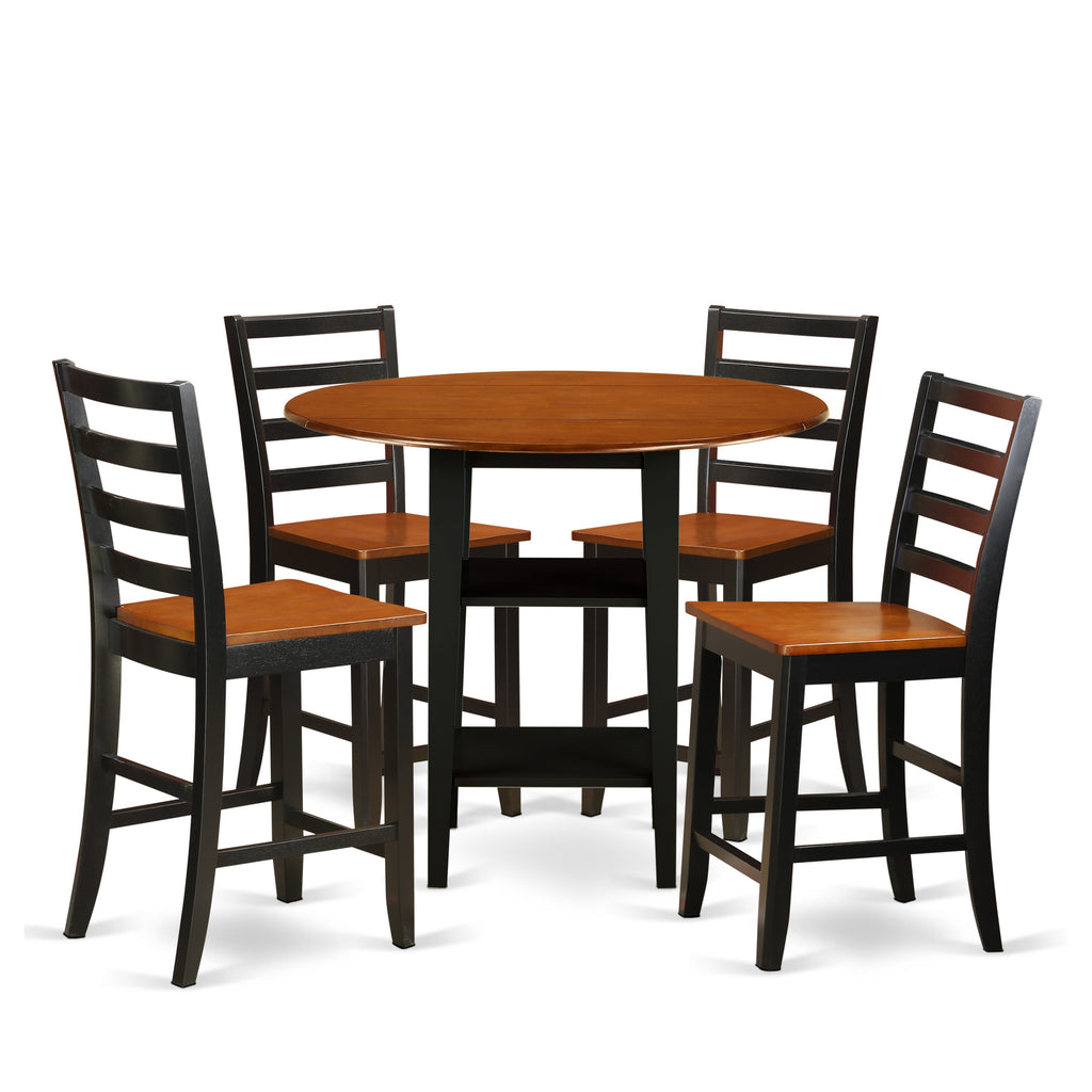 SUFA5Z-8GF-C 5 Pc High Counter Table Set w/ Round Wooden Top & Storage Shelf + 4 Black Cherry Chairs, 42in