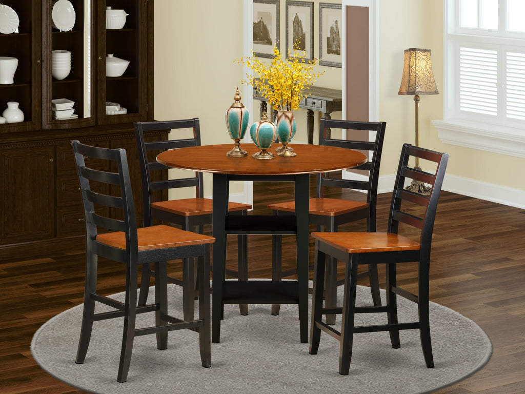 SUFA5Z-8GF-C 5 Pc High Counter Table Set w/ Round Wooden Top & Storage Shelf + 4 Black Cherry Chairs, 42in
