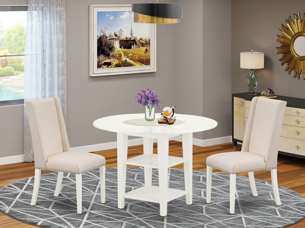 SUFL3-UC2-07 Dining Ensemble 3-Piece Set with Round Dropleaf Table, Built-in Storage & Two Parson Chairs in Cream Linen White