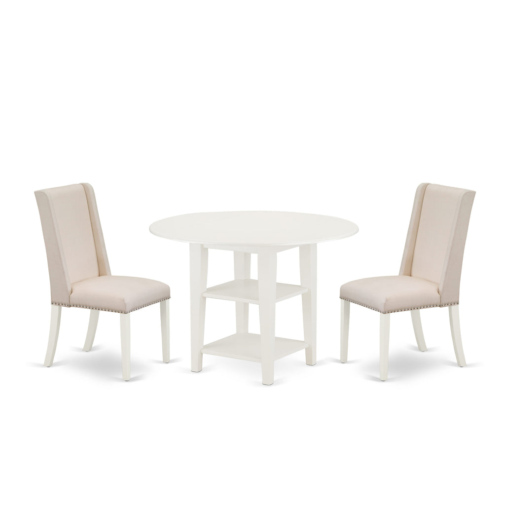 SUFL3-UC2-07 Dining Ensemble 3-Piece Set with Round Dropleaf Table, Built-in Storage & Two Parson Chairs in Cream Linen White