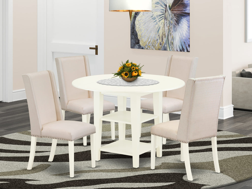 SUFL5-N44-MB 5-Piece Round Table Dining Ensemble with Dropleaf & Storage and Upholstered Chairs, Cream Fabric, 42-inch White