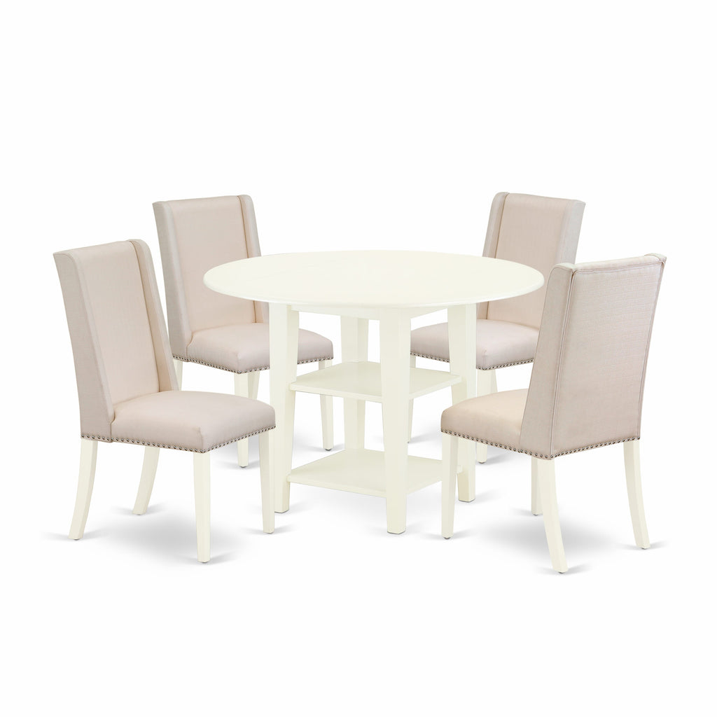 SUFL5-N44-MB 5-Piece Round Table Dining Ensemble with Dropleaf & Storage and Upholstered Chairs, Cream Fabric, 42-inch White
