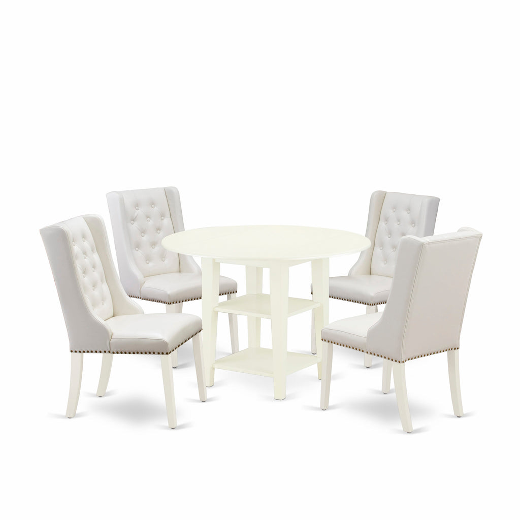 SUFO5-RJ3-MC 42 Round Drop Leaf Dining Set with Faux Leather Seats, Shelved Table in Light Linen