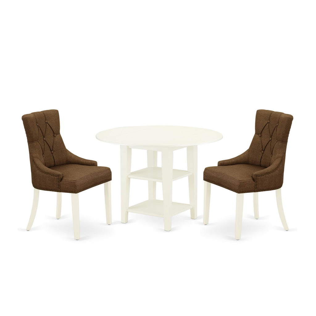 SUFR3-9CO-IM Compact 3-Piece Set with Drop-Leaf Table, Shelves, & Two Brown Fabric Parsons Chairs