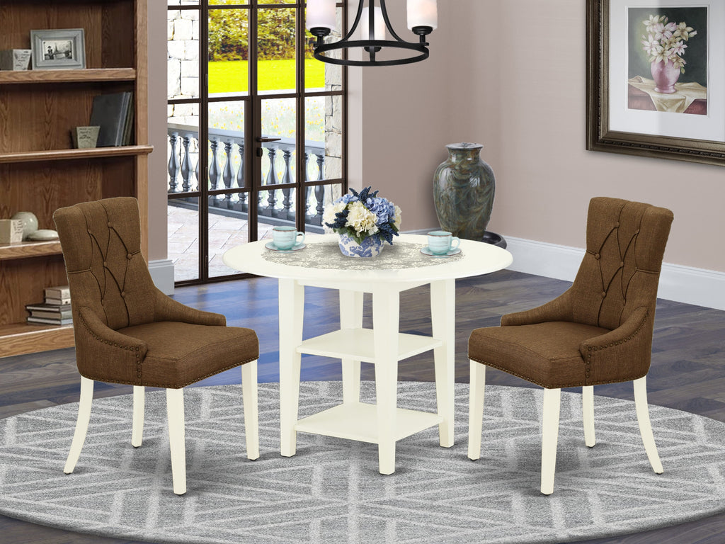 SUFR3-9CO-IM Compact 3-Piece Set with Drop-Leaf Table, Shelves, & Two Brown Fabric Parsons Chairs
