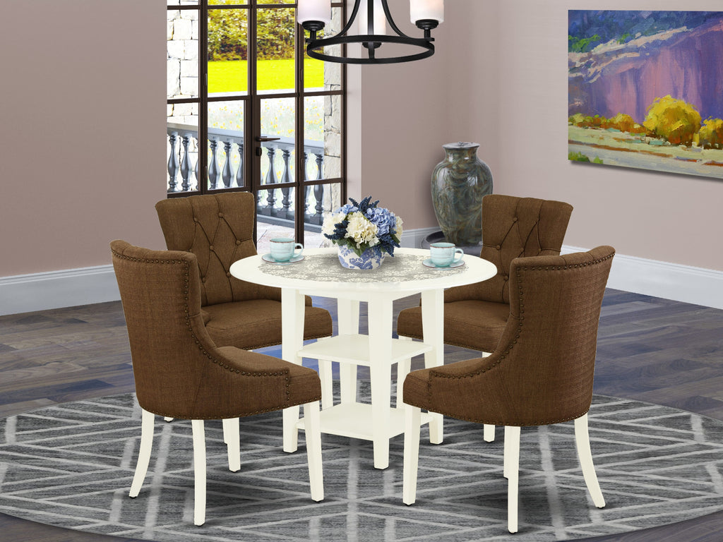 SUFR5-8GN-JI 5 Pc Dining Set with Round Dropleaf Table, Shelves & Brown Parson Chairs, Linen White