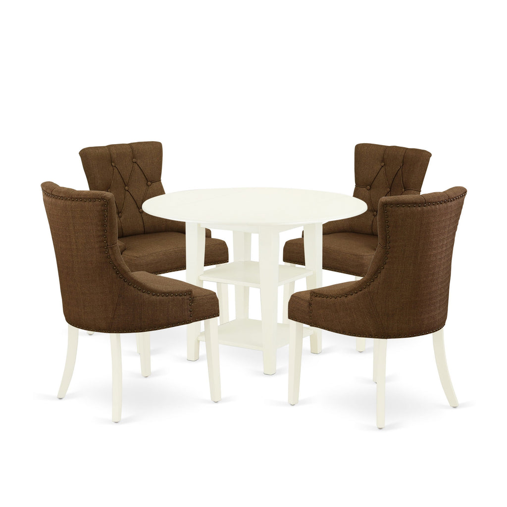 SUFR5-8GN-JI 5 Pc Dining Set with Round Dropleaf Table, Shelves & Brown Parson Chairs, Linen White