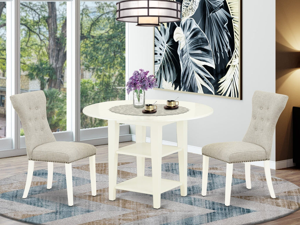 SUGA3-91S-4G 3-Piece Round Dining Set with Drop-leaf Table and 2 Linen Seats for Cozy Nooks, 42 Linen White