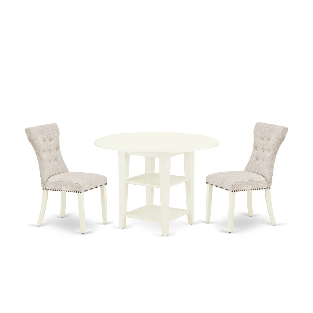 SUGA3-91S-4G 3-Piece Round Dining Set with Drop-leaf Table and 2 Linen Seats for Cozy Nooks, 42 Linen White