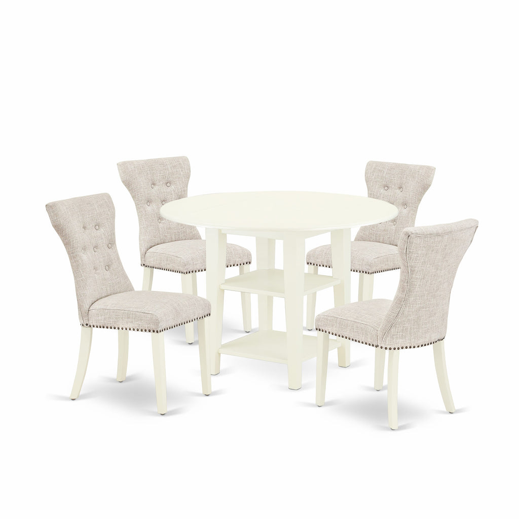 SUGA5-75W-0O 5-Piece Drop-Leaf Dining Ensemble with Linen Upholstered Chairs in Soft White