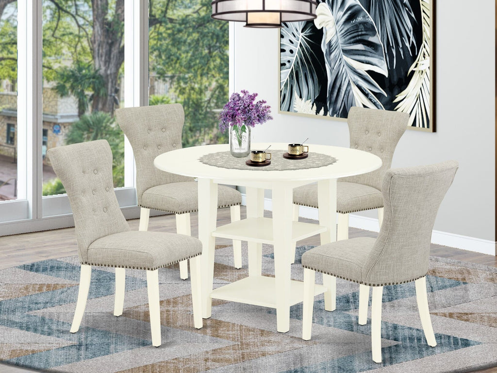 SUGA5-75W-0O 5-Piece Drop-Leaf Dining Ensemble with Linen Upholstered Chairs in Soft White