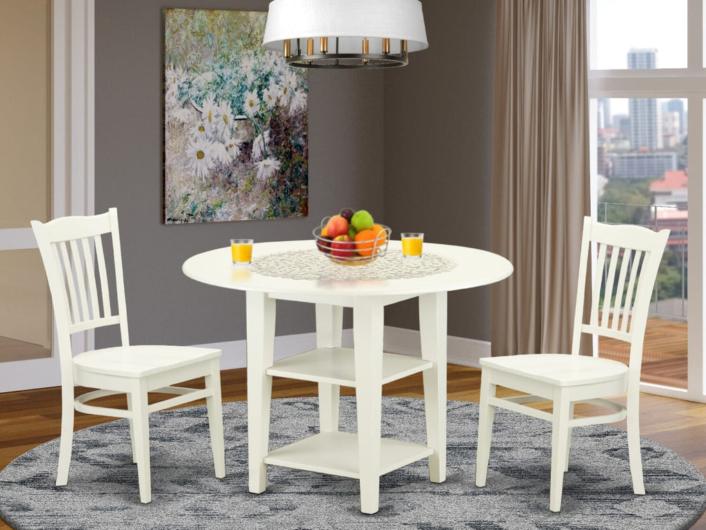 SUGR3-PL0-E 3-Piece Dining Set Round Drop Leaf Table with Shelves & 2 Chairs, 42 Linen White