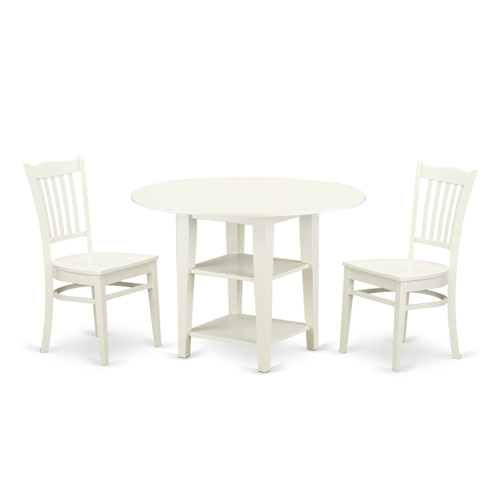 SUGR3-PL0-E 3-Piece Dining Set Round Drop Leaf Table with Shelves & 2 Chairs, 42 Linen White