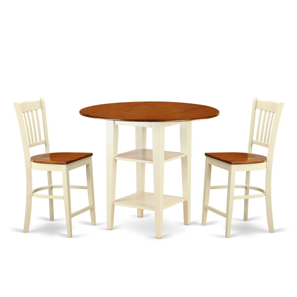 SUGR3E-WZN-C Compact Dining Ensemble Set Features Dropleaf Table plus 2 Stylish Chairs, Buttermilk Finish