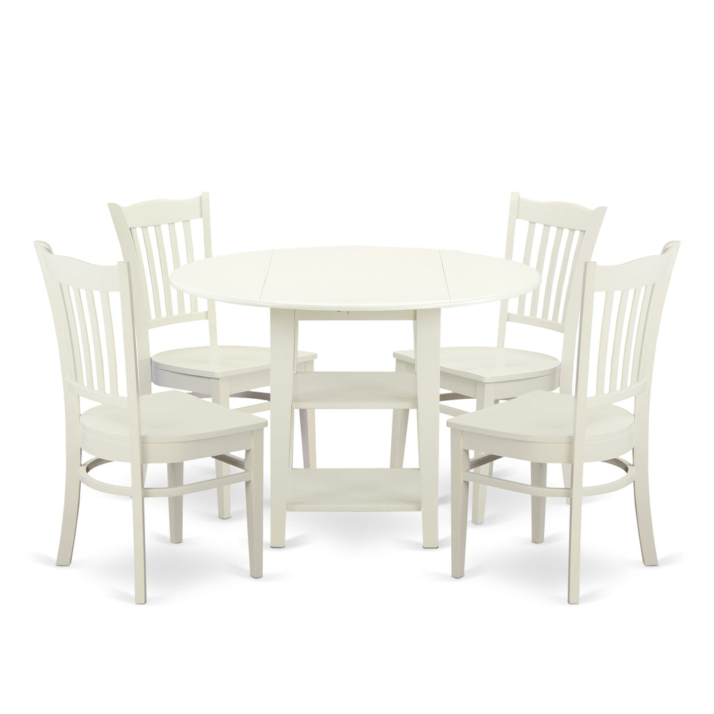 SUGR5-UAA-L 5-Piece Dining Ensemble Round Table with Dropleaf & Shelving, with Set of 4 Chairs, 42 Linen White