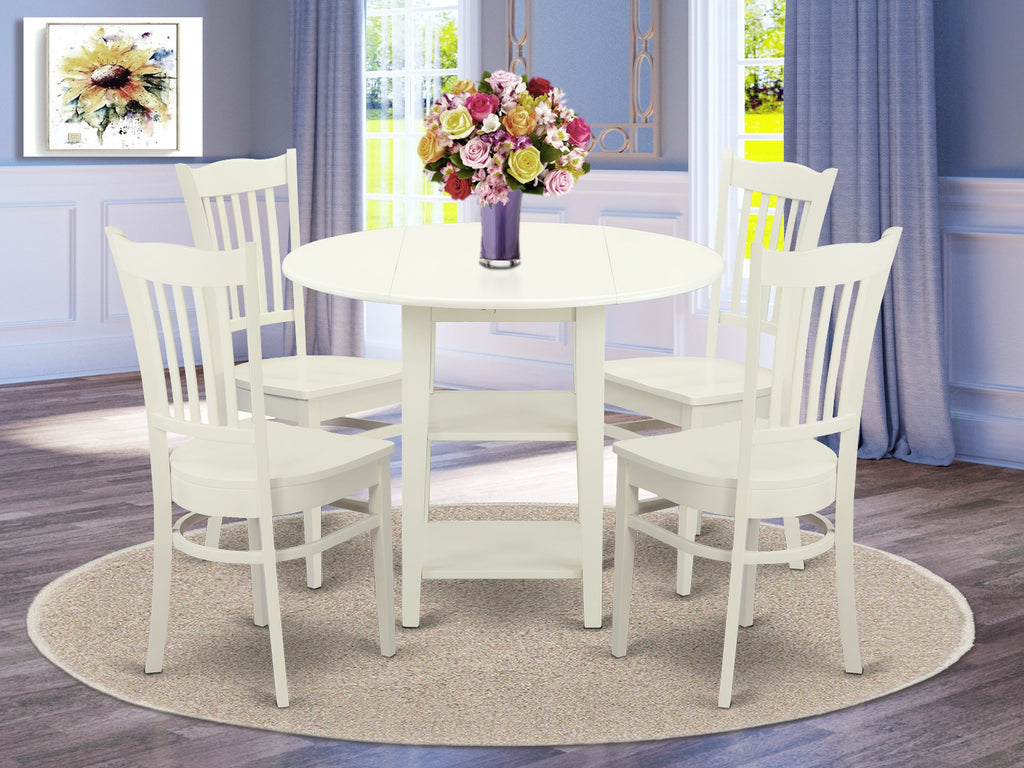 SUGR5-UAA-L 5-Piece Dining Ensemble Round Table with Dropleaf & Shelving, with Set of 4 Chairs, 42 Linen White