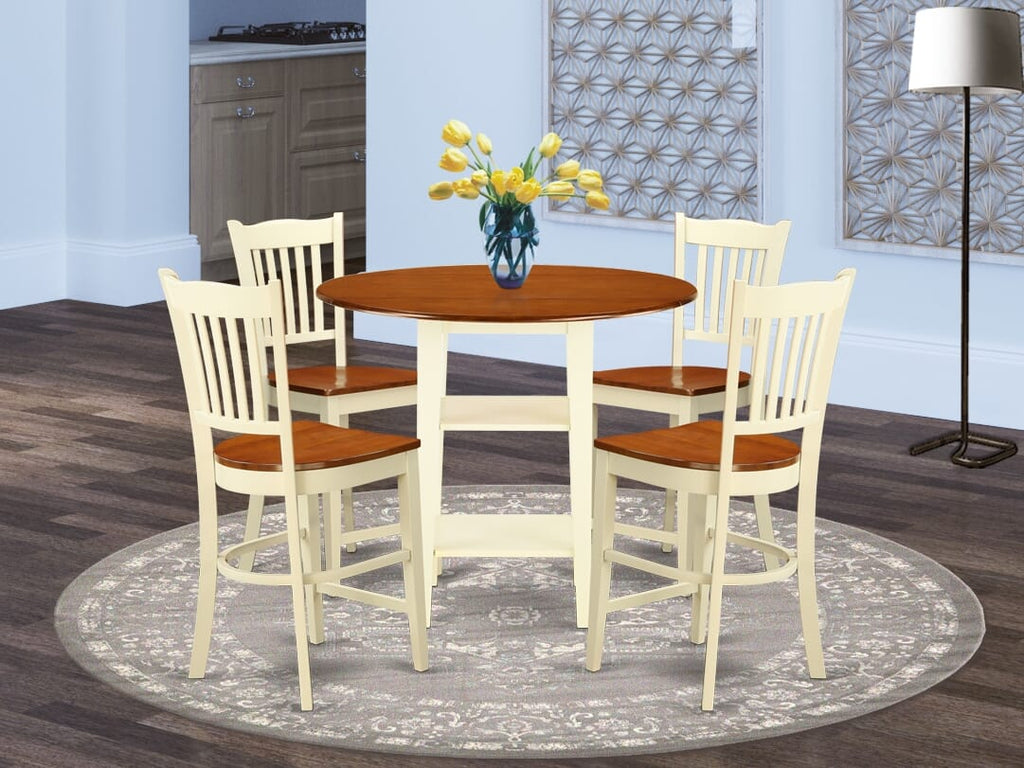 SUGR5F-JXY-C 5-Piece Set Round Table with Dropleaf & Storage Shelves Plus 4 Chairs in Buttermilk Cherry Finish