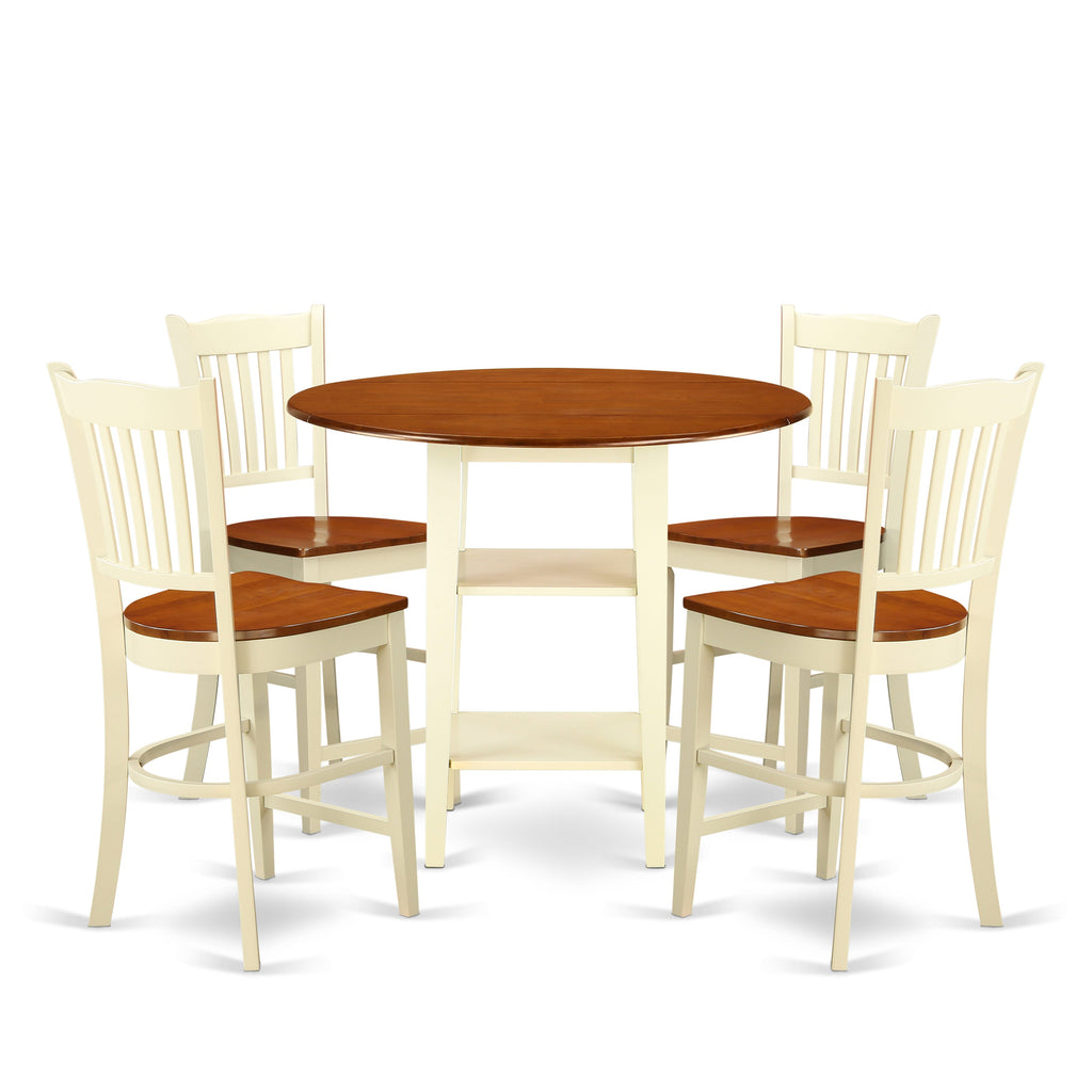 SUGR5F-JXY-C 5-Piece Set Round Table with Dropleaf & Storage Shelves Plus 4 Chairs in Buttermilk Cherry Finish