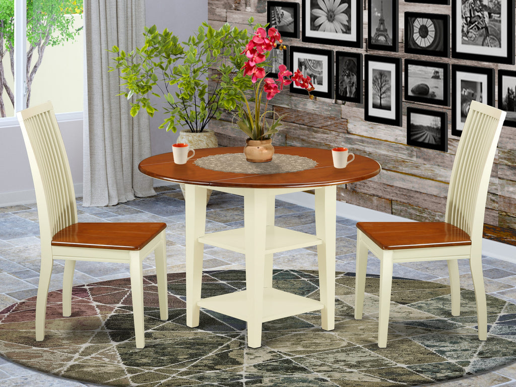 SUIP3-Y28-3 3-Piece Dining Set With Dropleaf Table & Chairs, Perfect For Cozy Kitchens In Buttermilk and Cherry