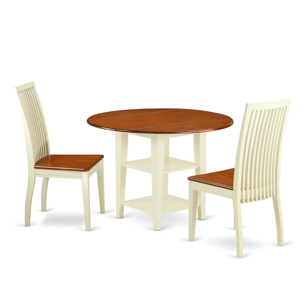 SUIP3-Y28-3 3-Piece Dining Set With Dropleaf Table & Chairs, Perfect For Cozy Kitchens In Buttermilk and Cherry