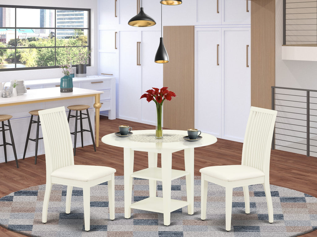 SUIP3-XM1-L 3-Piece Contemporary Dining Ensemble with Round Dropleaf Table, Shelving & Dual Linen Chairs, 42 Linen White