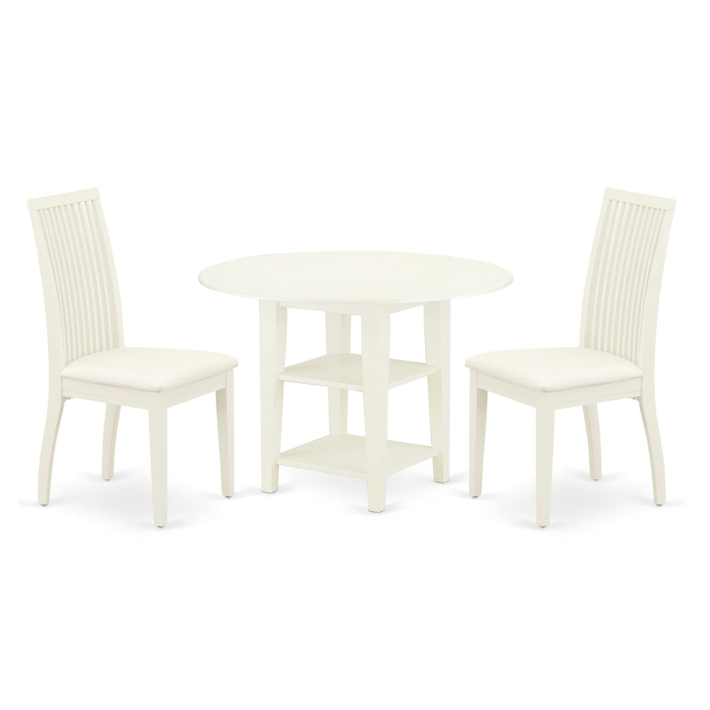 SUIP3-XM1-L 3-Piece Contemporary Dining Ensemble with Round Dropleaf Table, Shelving & Dual Linen Chairs, 42 Linen White