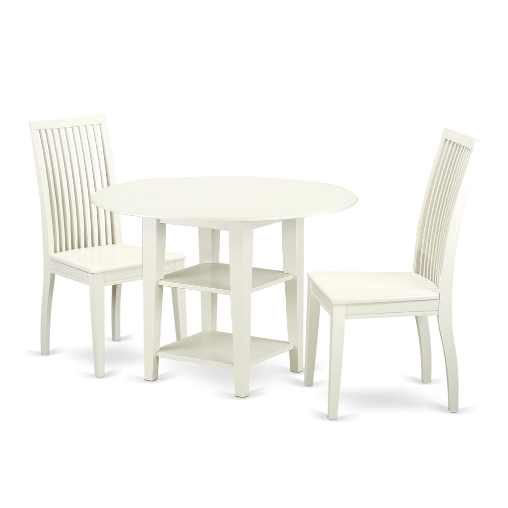 SUIP3-4RV-Q 3 Piece Round Dining Set with Dropleaf Table & Storage Shelves, Plus 2 Chairs, 42 White