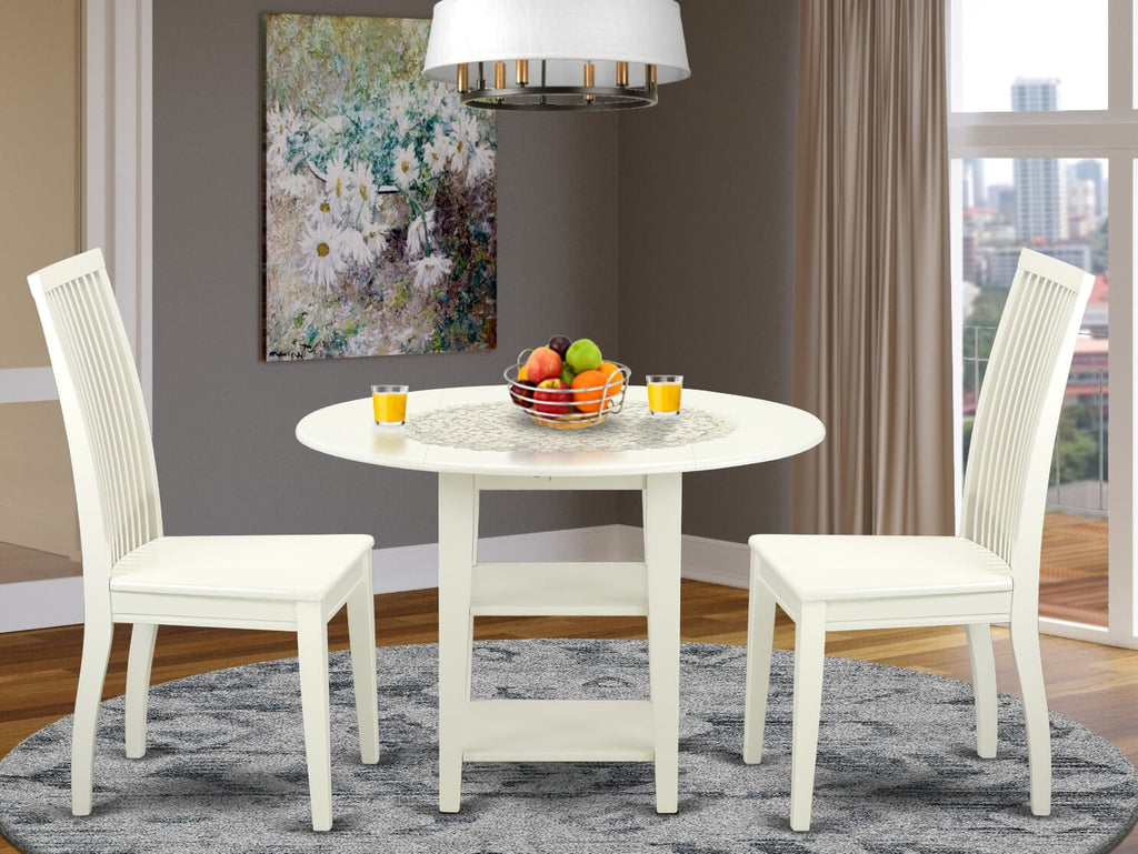 SUIP3-4RV-Q 3 Piece Round Dining Set with Dropleaf Table & Storage Shelves, Plus 2 Chairs, 42 White