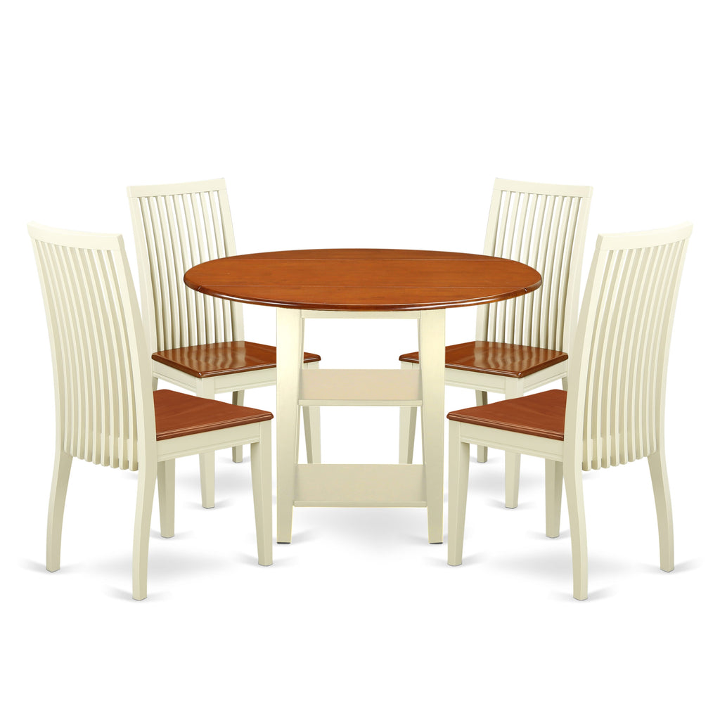 SUIP5-I Set 5-Piece Round Dropleaf & Storage Dining Table with 4 Wooden Chairs, 42” Buttermilk/Cherry