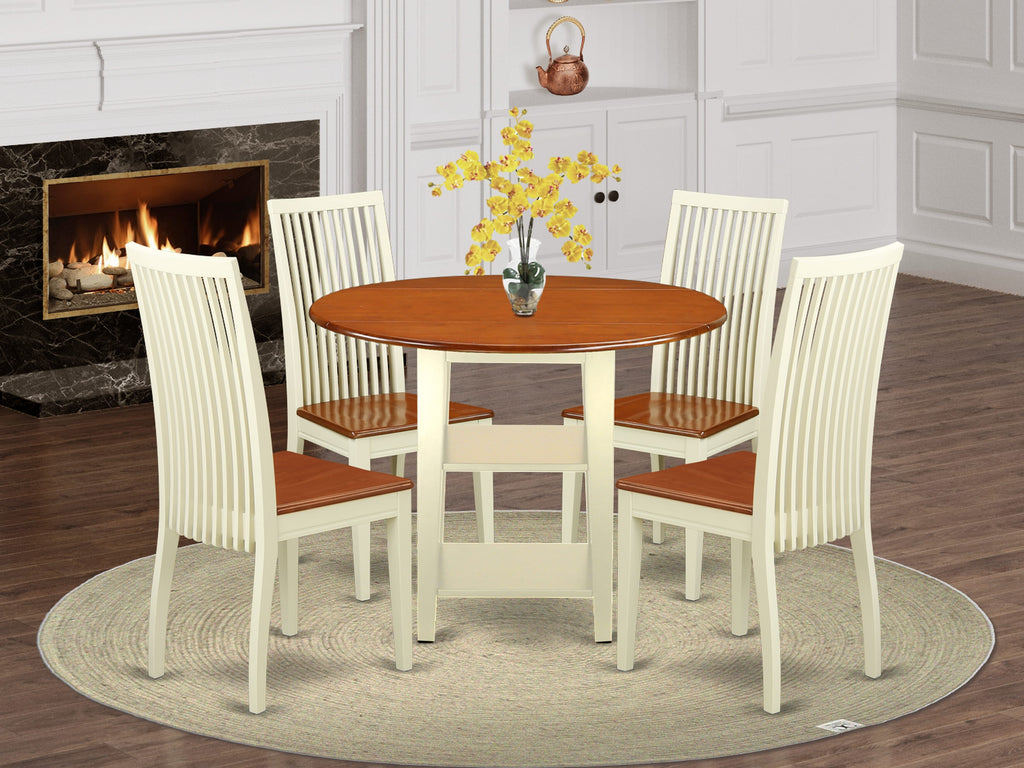 SUIP5-I Set 5-Piece Round Dropleaf & Storage Dining Table with 4 Wooden Chairs, 42” Buttermilk/Cherry