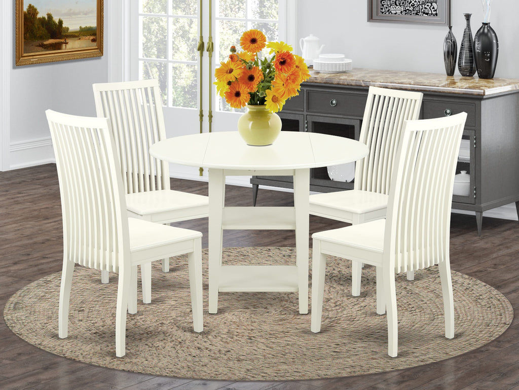 SUIP5-1E4-N Elegant Dining Ensemble - 5-Piece Dropleaf Table with Storage & 4 Chairs, 42” Linen White
