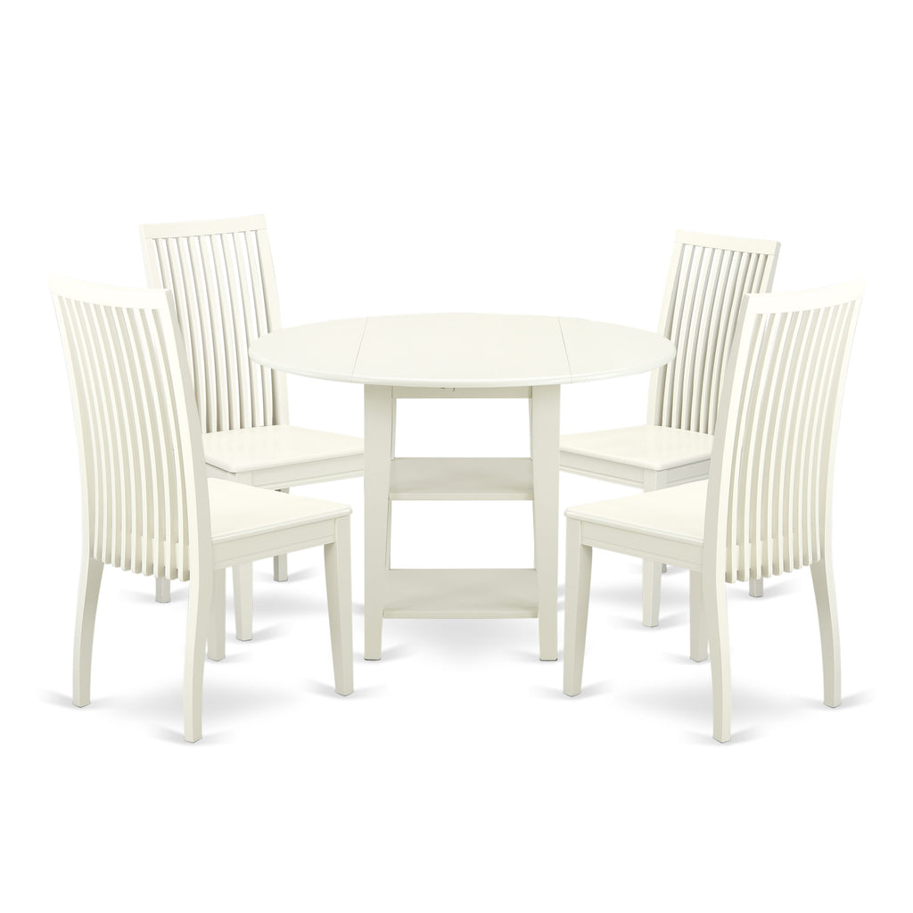 SUIP5-1E4-N Elegant Dining Ensemble - 5-Piece Dropleaf Table with Storage & 4 Chairs, 42” Linen White