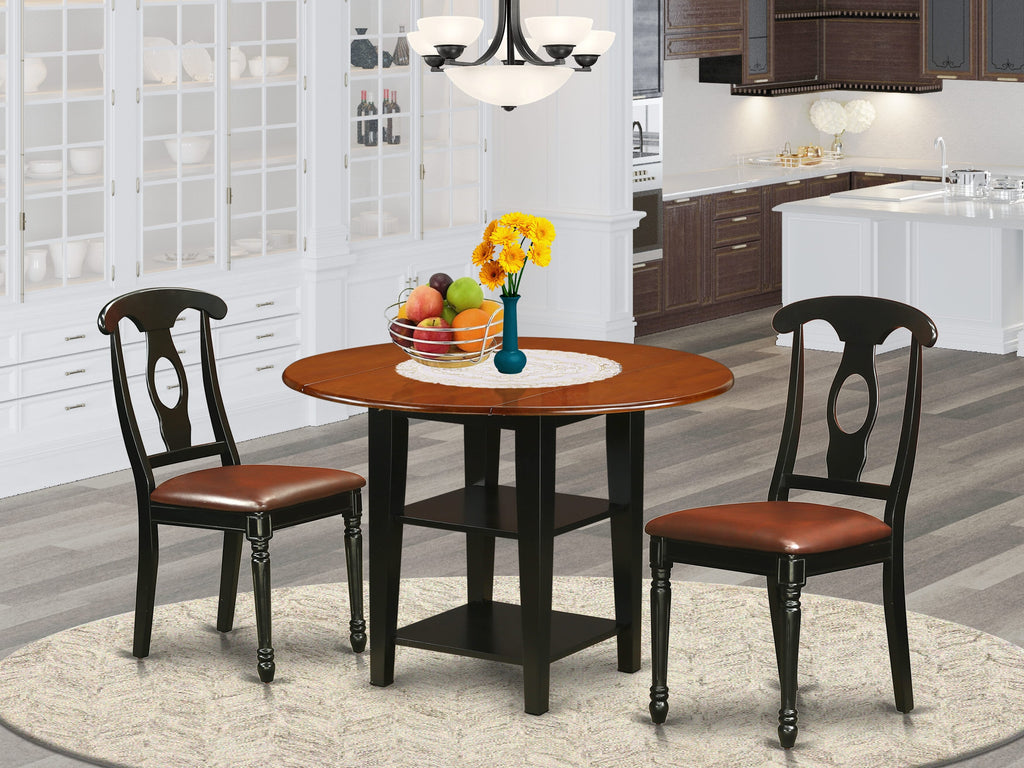 SUKE3-YRA-7T 3-Piece Dining Set Round Table & 2 Faux Leather Chairs in Elegant Black and Cherry