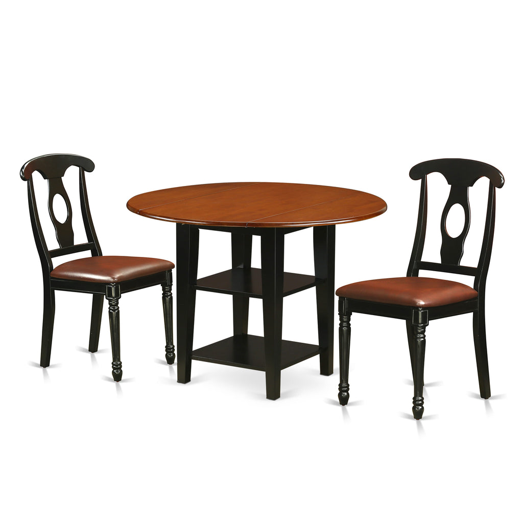 SUKE3-YRA-7T 3-Piece Dining Set Round Table & 2 Faux Leather Chairs in Elegant Black and Cherry