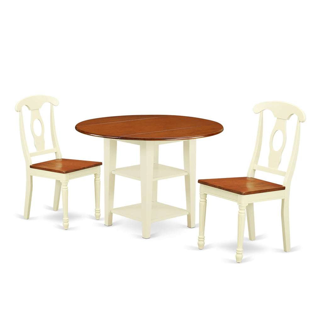SUKE3-0T6-1 Compact Dining Ensemble with Round Table, Leaf Extender & Storage Shelves, Set of 3