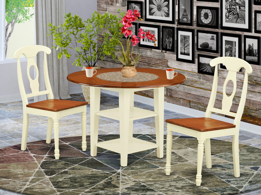 SUKE3-0T6-1 Compact Dining Ensemble with Round Table, Leaf Extender & Storage Shelves, Set of 3