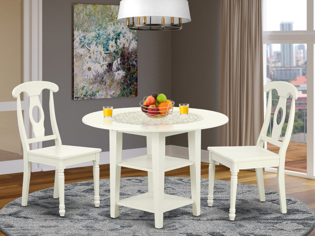 SUKE3-EBB-O 3-Piece Sunlit White Compact Dining Set with Round Drop Leaf Table, Shelf, and 2 Chairs