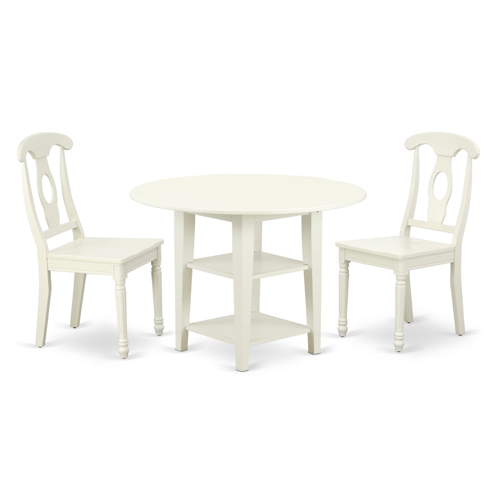SUKE3-EBB-O 3-Piece Sunlit White Compact Dining Set with Round Drop Leaf Table, Shelf, and 2 Chairs