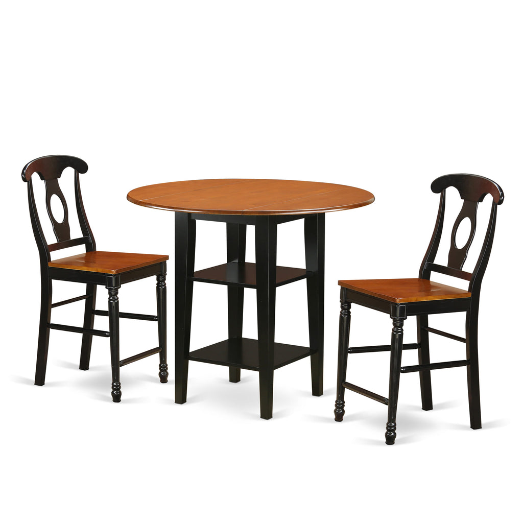 SUKE3D-XYU-L Modern Compact Dining Set Circular Table with Folding Feature & Storage with 2 Café Stools, 42x42 in, Dual Tone Black-Cherry