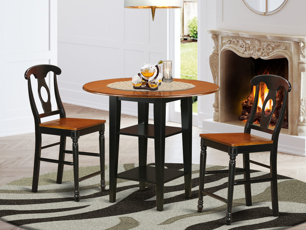 SUKE3D-XYU-L Modern Compact Dining Set Circular Table with Folding Feature & Storage with 2 Café Stools, 42x42 in, Dual Tone Black-Cherry