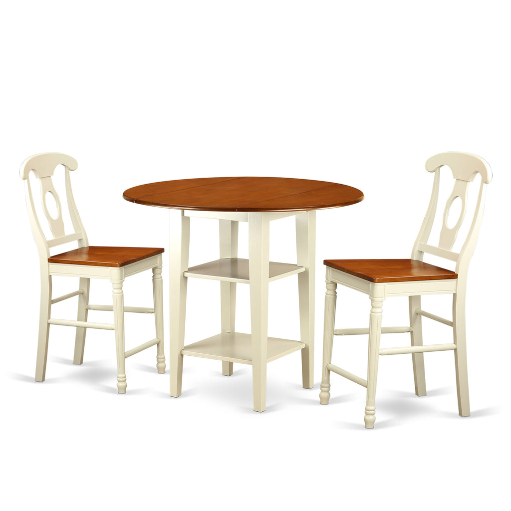 SUKE3G-4JJ-O 3-Piece Dining Set with Round Dropleaf Wooden Table & Chairs, Buttermilk & Cherry