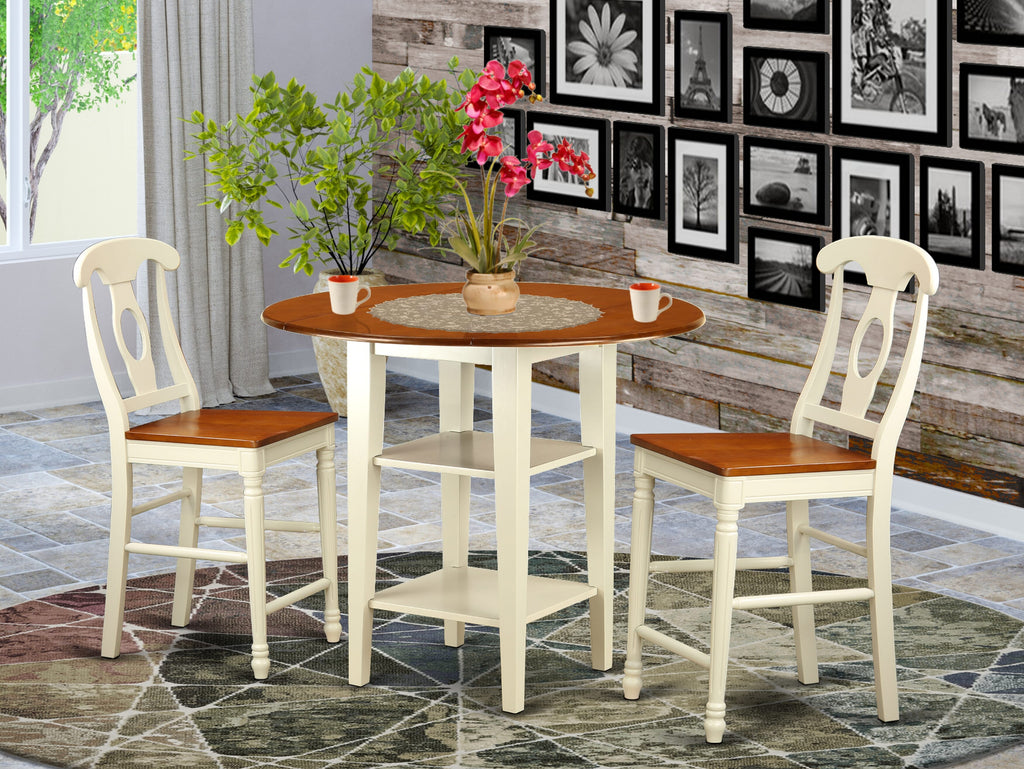 SUKE3G-4JJ-O 3-Piece Dining Set with Round Dropleaf Wooden Table & Chairs, Buttermilk & Cherry