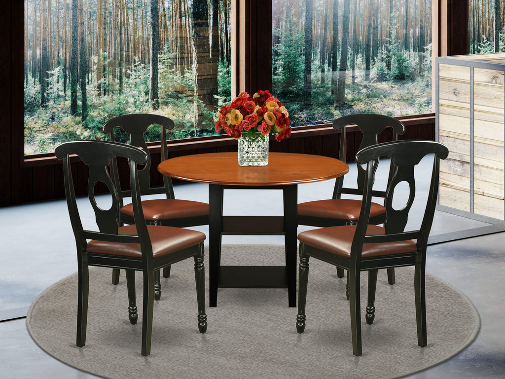 SUKE5-9MM-CC 5-Piece Dining Ensemble Round Table with Shelves & Dropleaf, Faux Leather Chairs