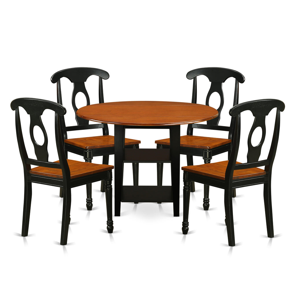 Discover SUKE5-V9C-P 5-Piece Dining Set with Round Dropleaf Table, 4 Chairs, and Storage Feature - Black & Cherry, 42