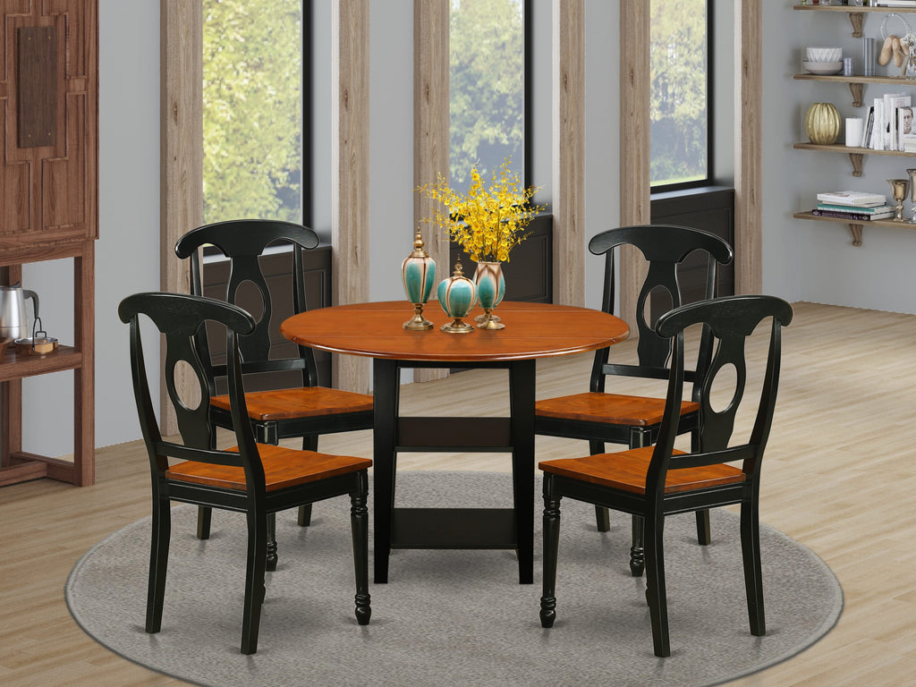 Discover SUKE5-V9C-P 5-Piece Dining Set with Round Dropleaf Table, 4 Chairs, and Storage Feature - Black & Cherry, 42